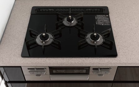無水両面焼きグリル付三口シアーブラックトップコンロ