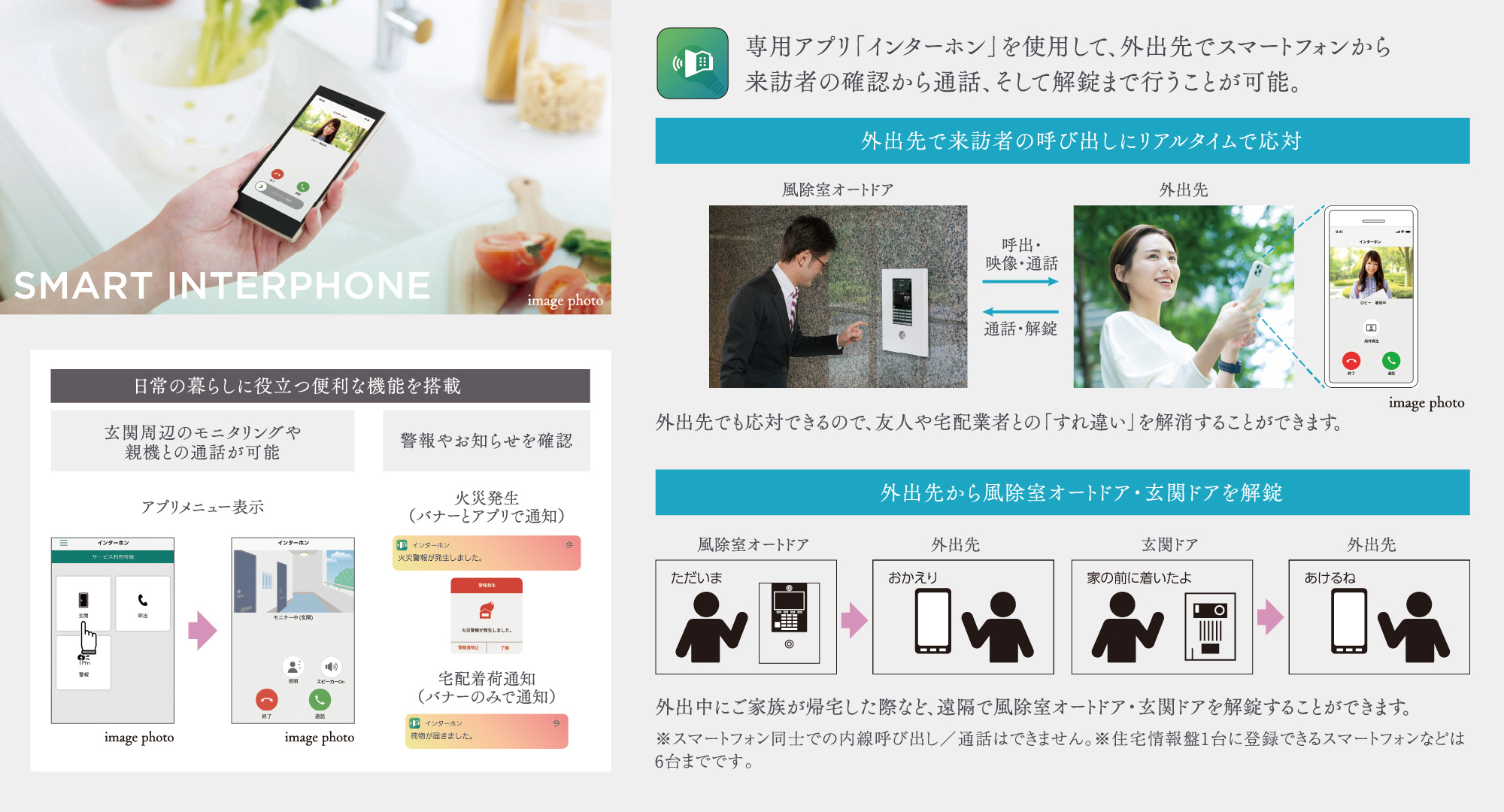 外出先からインターホンの応対ができ、留守中も安心です。