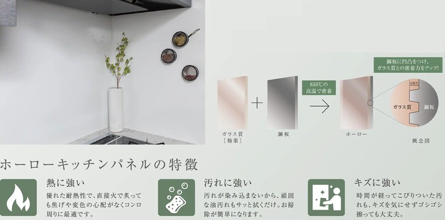 美しさと耐久性を併せ持つ、高品位ホーローキッチンパネル