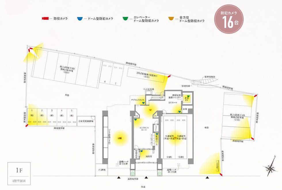 敷地内の至る箇所に設置された防犯カメラによる24時間監視。