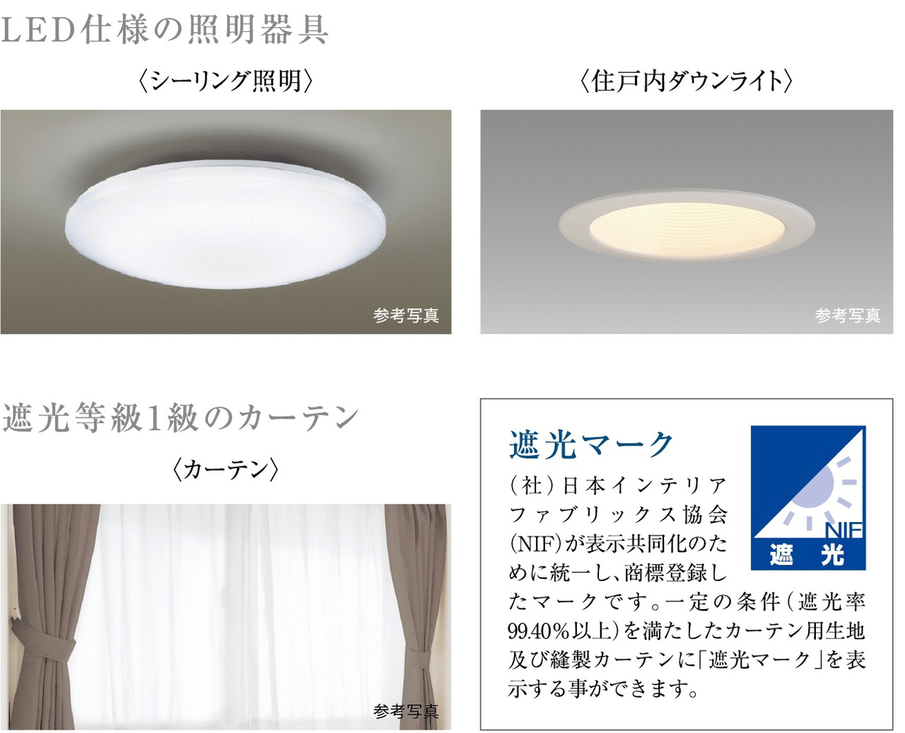 LED仕様の照明器具・遮光等級1級のカーテン