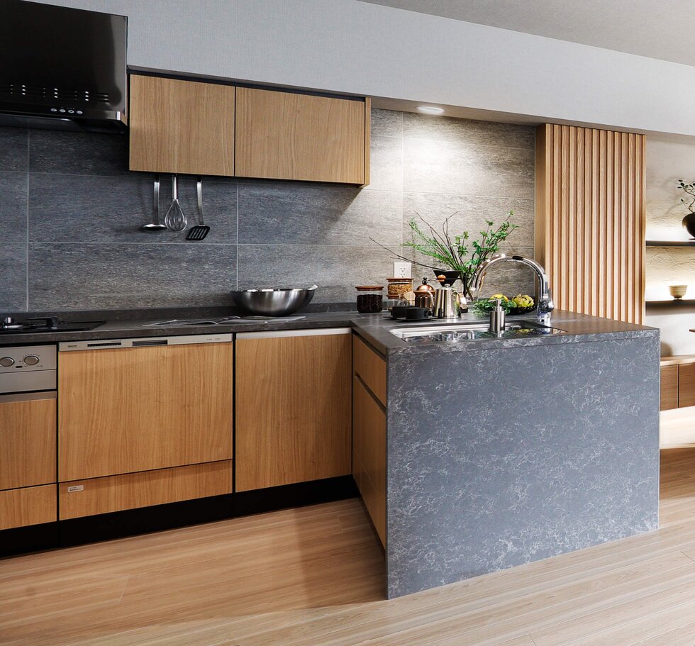 キッチンカウンタートップ（天板）・
エンドパネル、フィオレストーンを採用