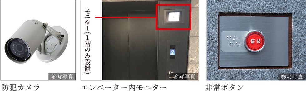 共用部の防犯カメラ及び、エレベーター内モニター※1、防犯窓※2、防犯カメラ・非常ボタン付エレベーター