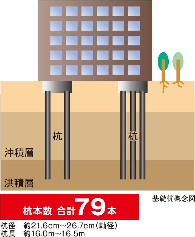 建物の重量を支え、強固な支持層に安定させる79本の杭/
硬く、締まって安定した砂礫層