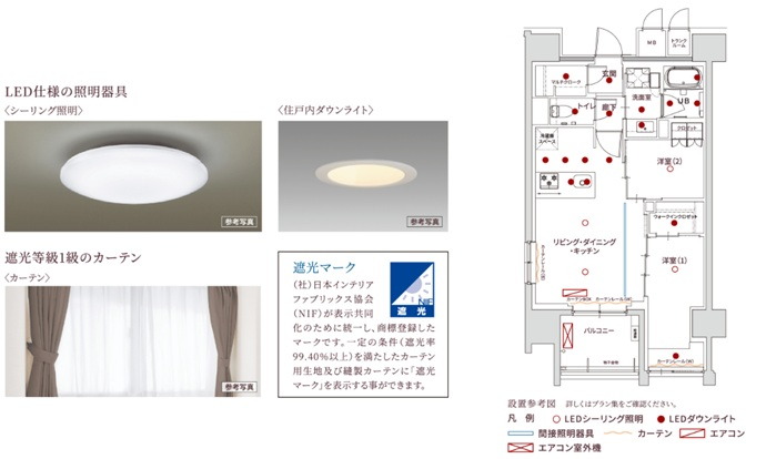 LED仕様の照明器具・遮光等級1級のカーテン