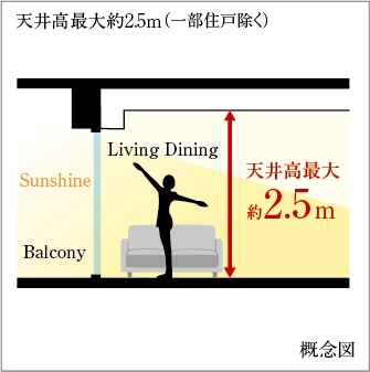 天井高最大約2.5m（一部住戸除く）を確保