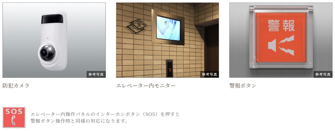 共用部の防犯カメラ、エレベーター内モニター・防犯カメラ・警報ボタン付エレベーター