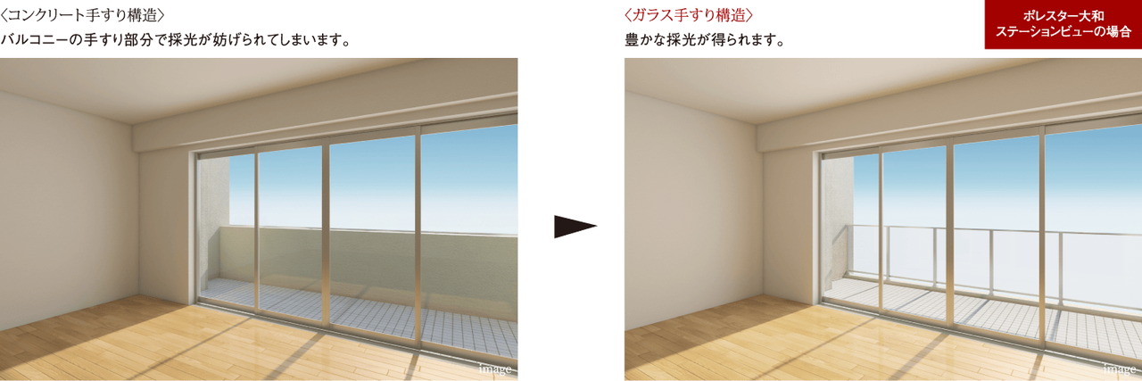 室内の広がりと明るさを演出するバルコニー