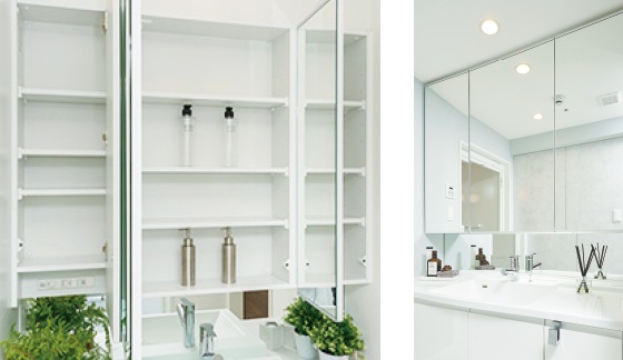 収納付き三面鏡＋曇り止めヒーター