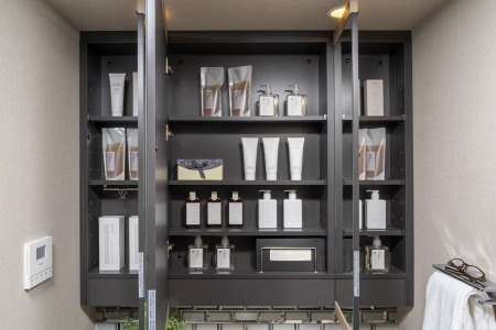 三面鏡裏収納（ドライヤーフック付き）