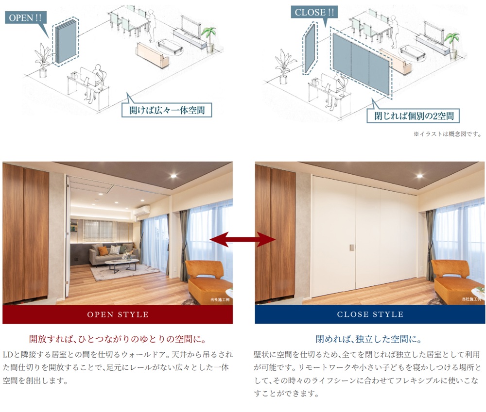 専有面積以上の開放感を生むウォールドア（一部住戸除く）