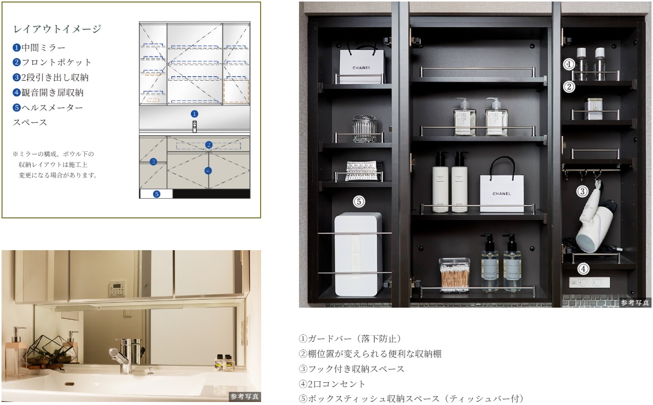 三面鏡扉裏収納と三面鏡下の中間ミラー