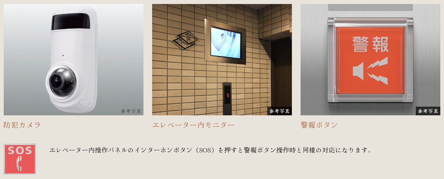 共用部の防犯カメラ、エレベーター内モニター・防犯カメラ・警報ボタン付エレベーター