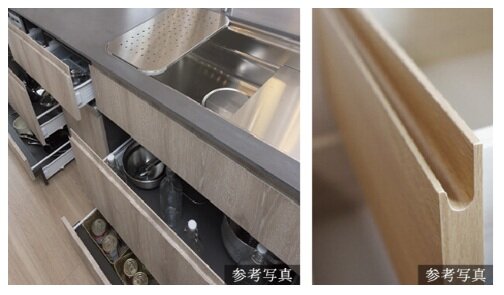 静かに閉まるスライド収納、メラスクープ手掛けJ形状