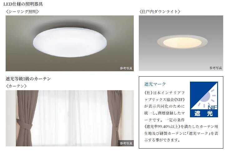 LED仕様の照明器具・遮光等級1級のカーテン