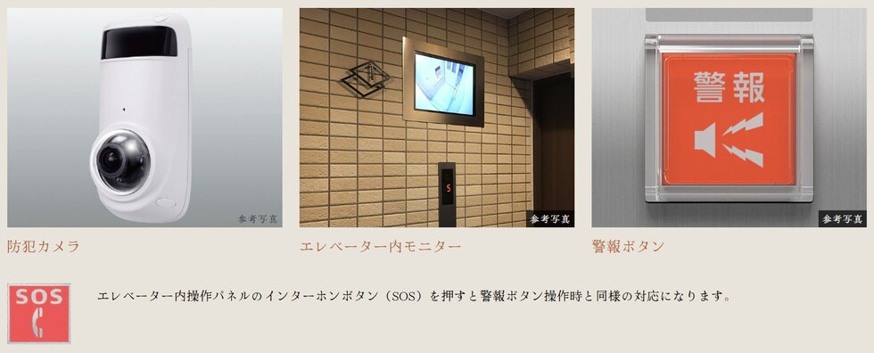 共用部の防犯カメラ、エレベーター内モニター・防犯カメラ・警報ボタン付エレベーター