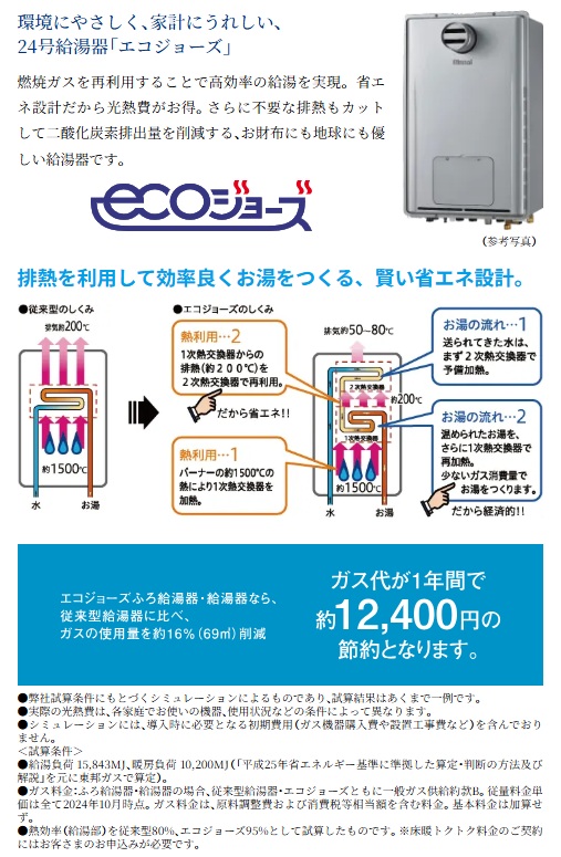 環境にやさしく、家計にうれしい24号給湯器「エコジョーズ」