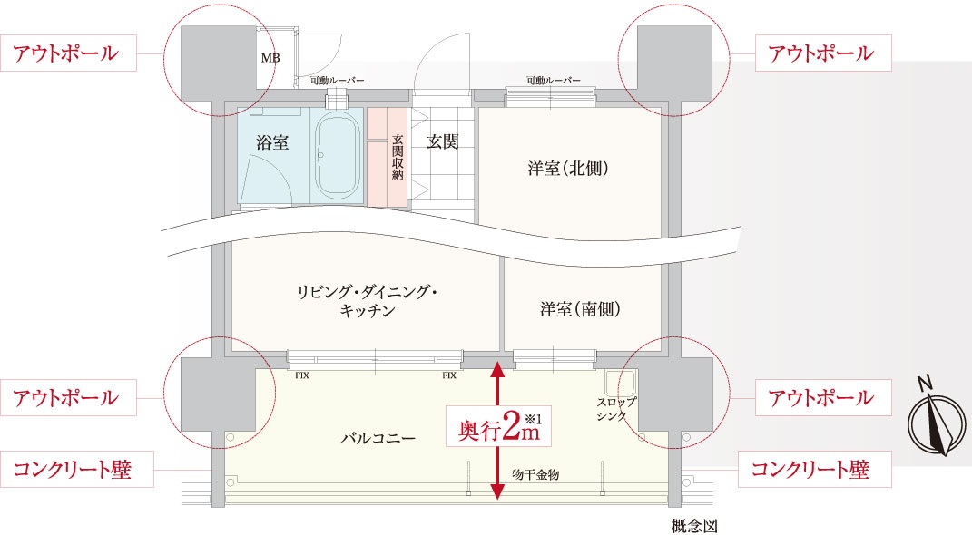 全居室アウトポール設計&奥行2m※の南面ワイドバルコニー