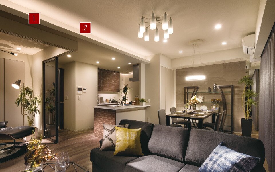 (1)折り上げ天井／(2)間接照明