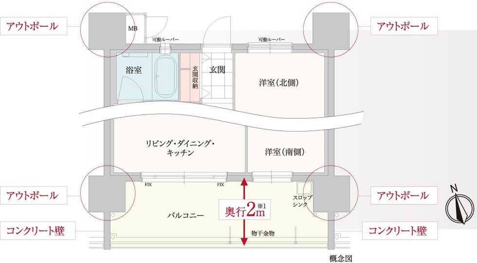 全居室アウトポール設計&奥行2m※の南面ワイドバルコニー
