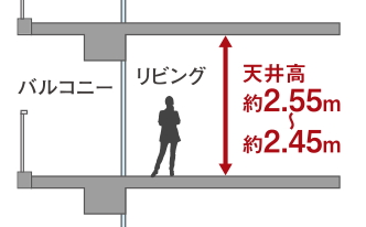 天井高約2.45m以上の開放感