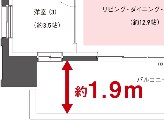 バルコニー奥行き約1.9m
