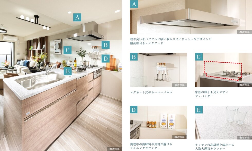 フルオープンの対面型フレタスキッチン標準装備