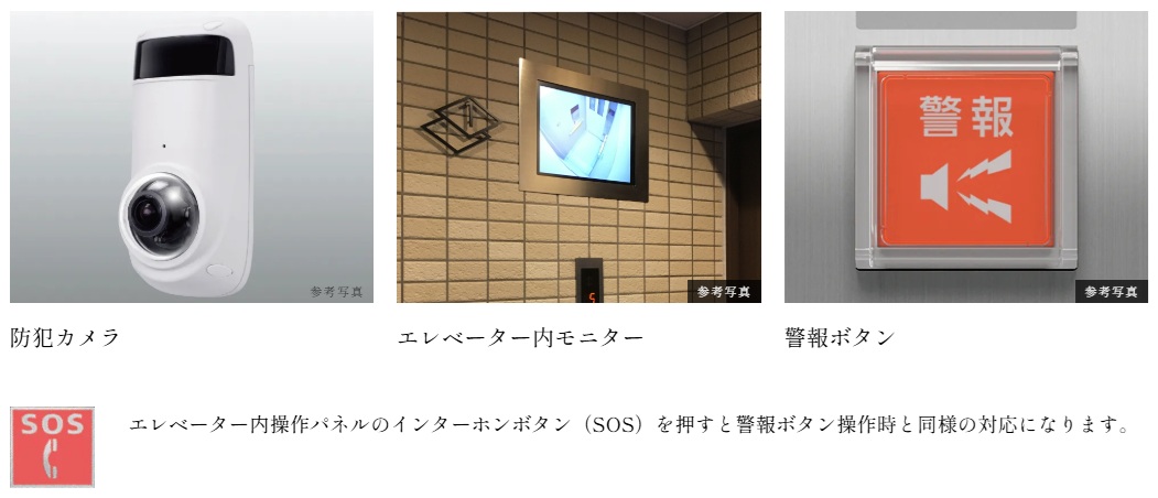 共用部の防犯カメラ、エレベーター内モニター・防犯カメラ・警報ボタン付エレベーター
