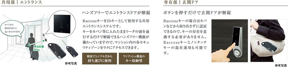 ハンズフリーでエントランス・住戸玄関を解錠できる「Raccessキー」がご利用いただけます。