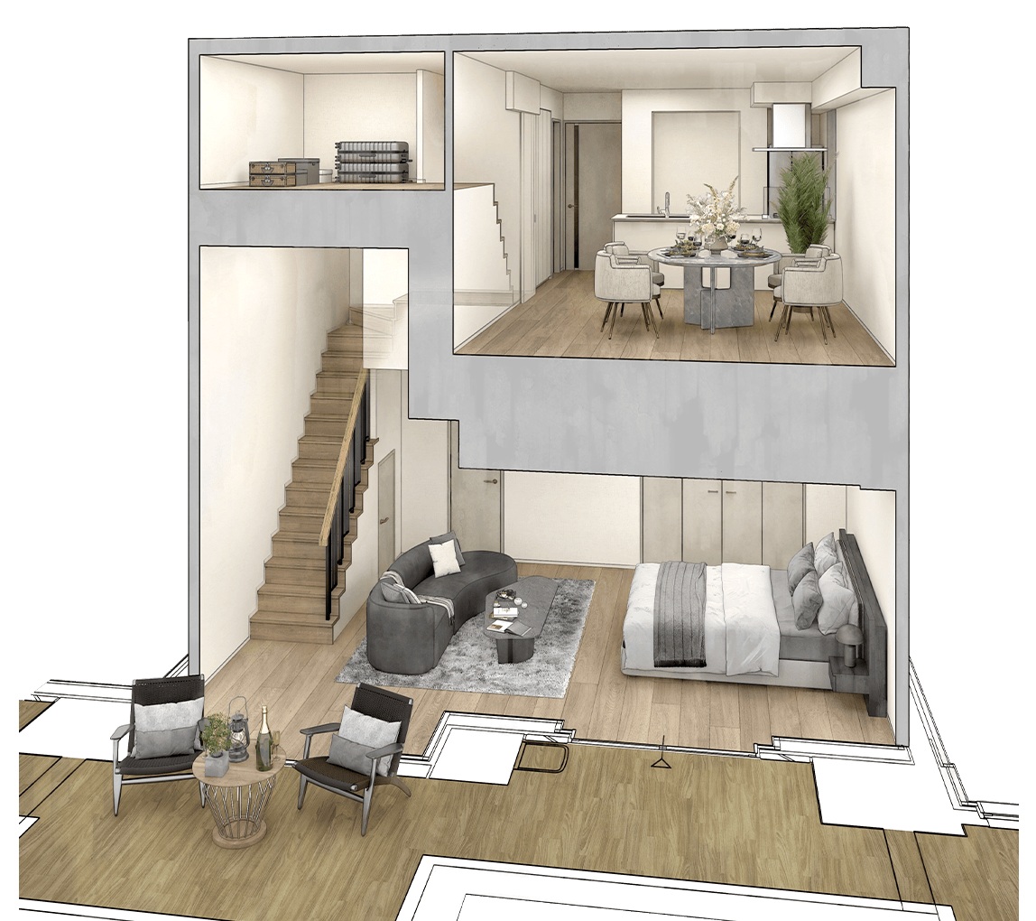 1階の全住戸は複数階層のメゾネットを採用
