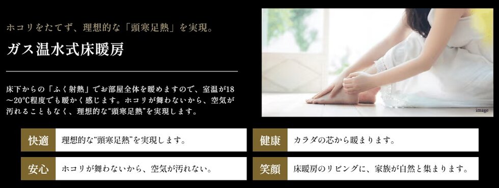 ホコリをたてず、理想的な「頭寒足熱」を実現。
ガス温水式床暖房