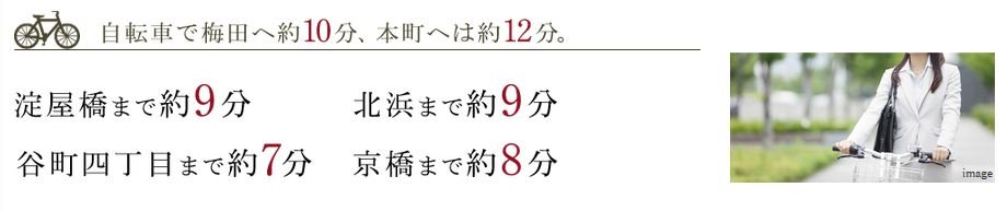 自転車で梅田へ約10分、本町へは約12分。