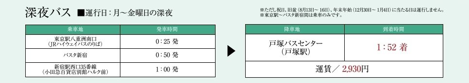 東京駅から、新宿駅から、深夜バス運行。