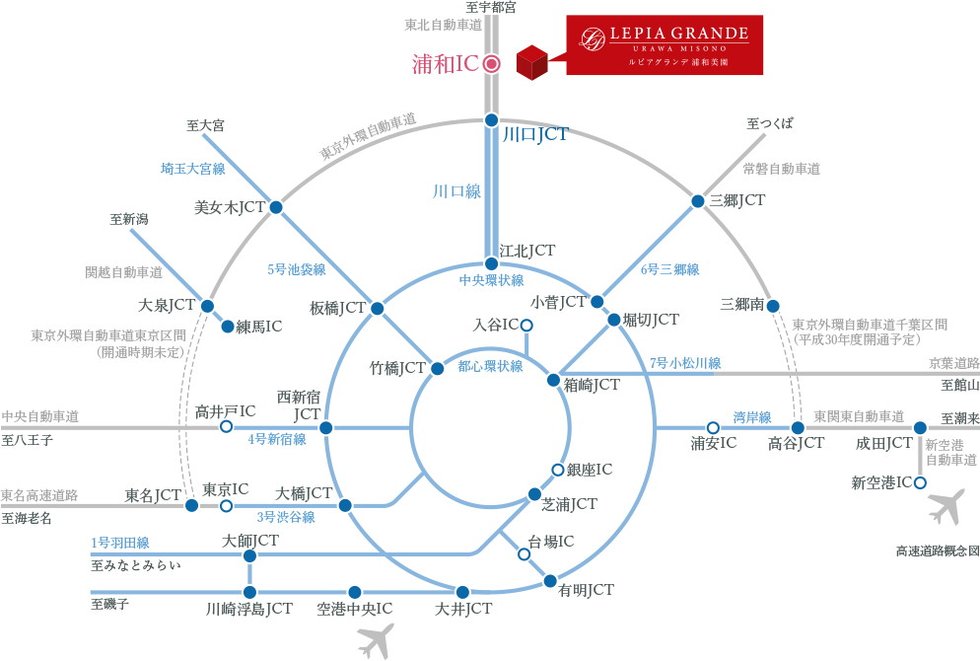 浦和I.C.の下り車3分(約2.0km)、上り車4分(約2.3km)。