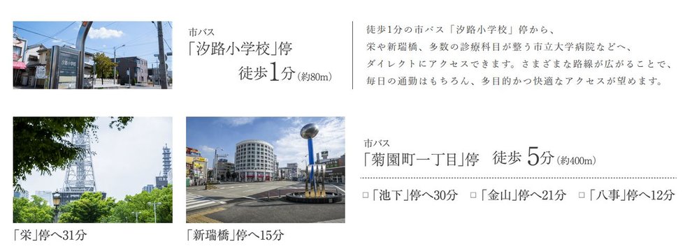 栄や新瑞橋など、市内要所を結ぶバスアクセス。