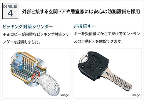 外部と接する玄関ドアや居室窓には安心の防犯設備を採用