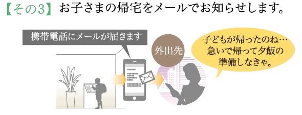 お出かけの時でも安心!
家族の帰宅、来訪者、着荷をお知らせするメールサービス