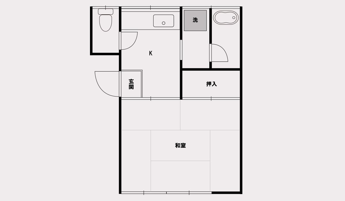 図：4種類の1Kの間取り例　和室があるレトロな1K賃貸物件