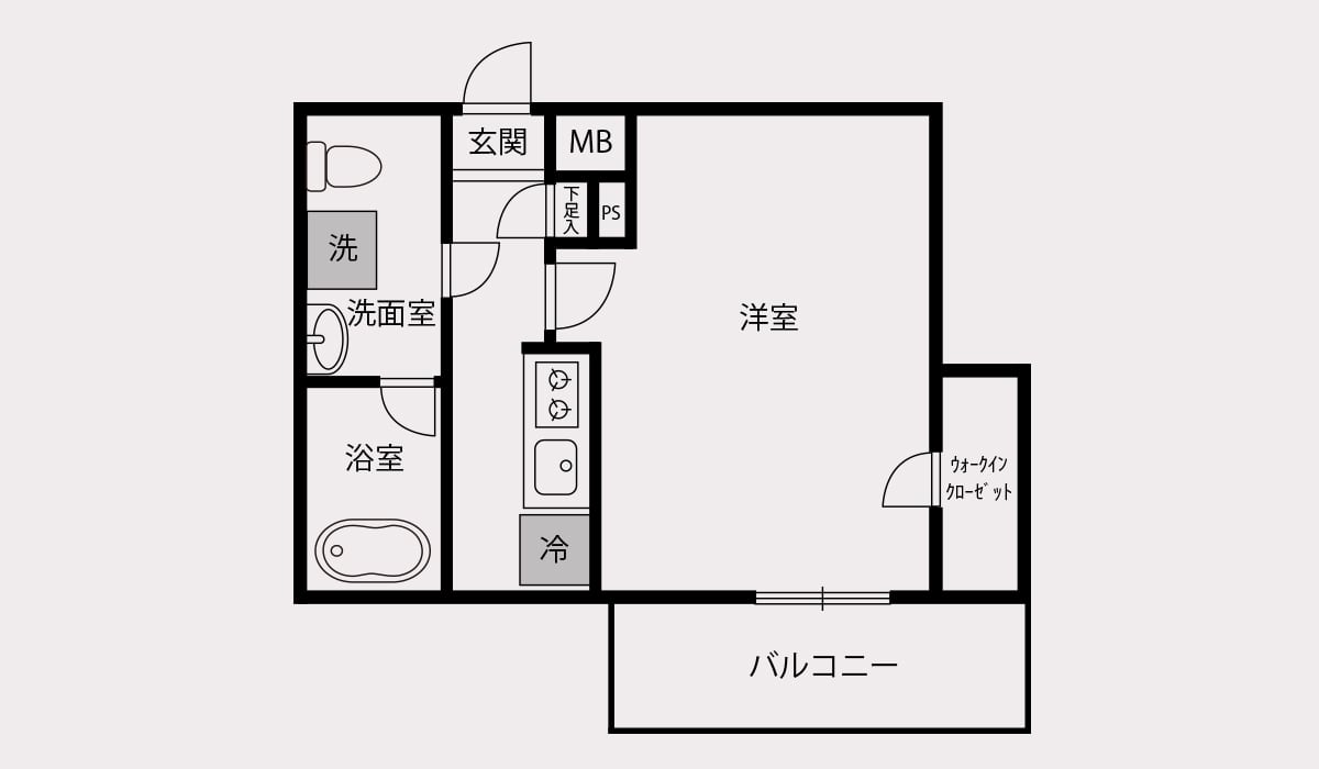 図：4種類の1Kの間取り例　キッチンがコンパクトな1K賃貸物件