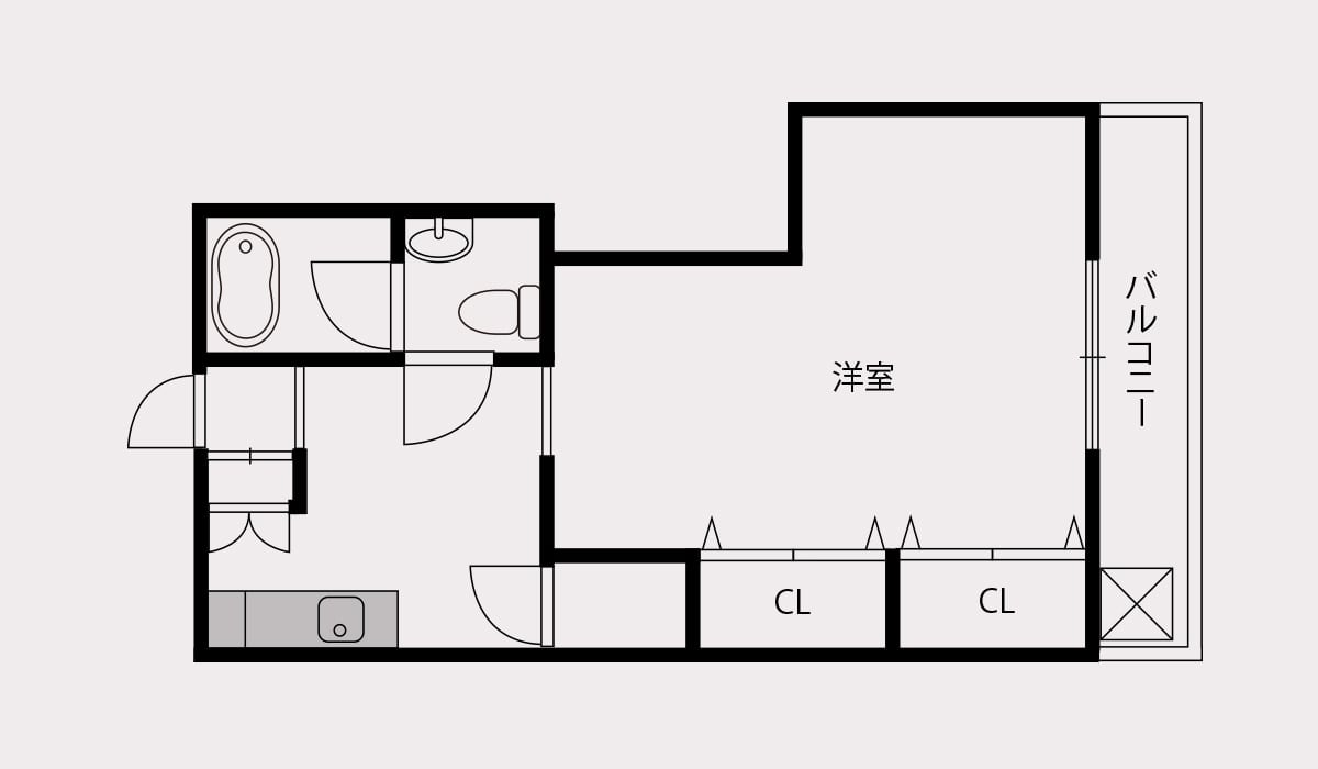 図：4種類の1Kの間取り例　部屋が広く使える1K賃貸物件