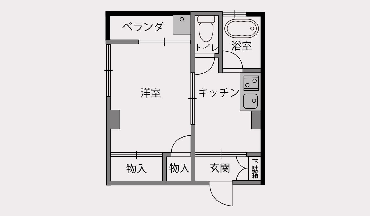 図：4種類の1Kの間取り例　キッチンが広い1K賃貸物件